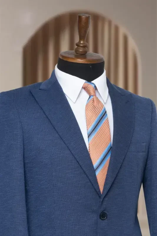 Мужской классический блейзер Slim Fit в итальянском стиле, темно-синий текстурированный на подкладке - темно-синий текстурированный - 4