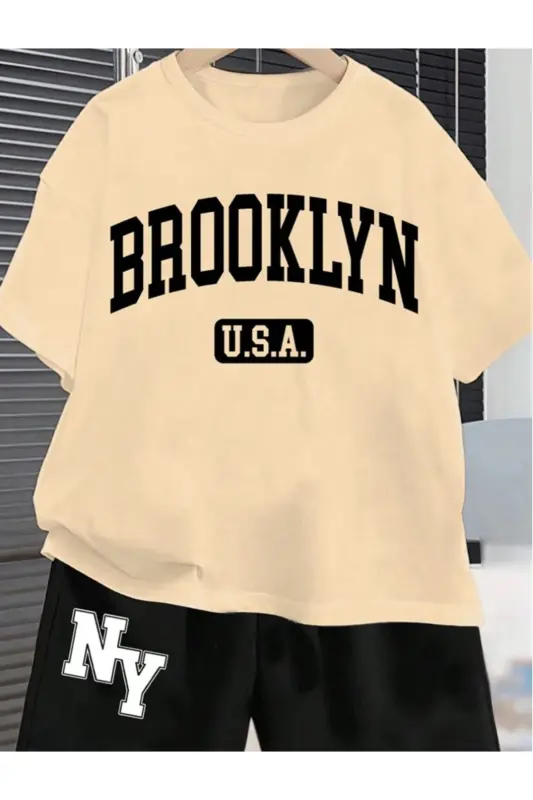 Мужской комплект футболка и шорты трикотажные с принтом Brooklyn бежево-черного цвета - Бежевый1 - 3