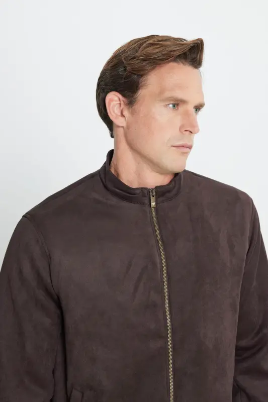 Мужской Коричневый Стандартный Прямой Крой Стойка Воротник Замшевая Куртка Монт-Коричневый - 4