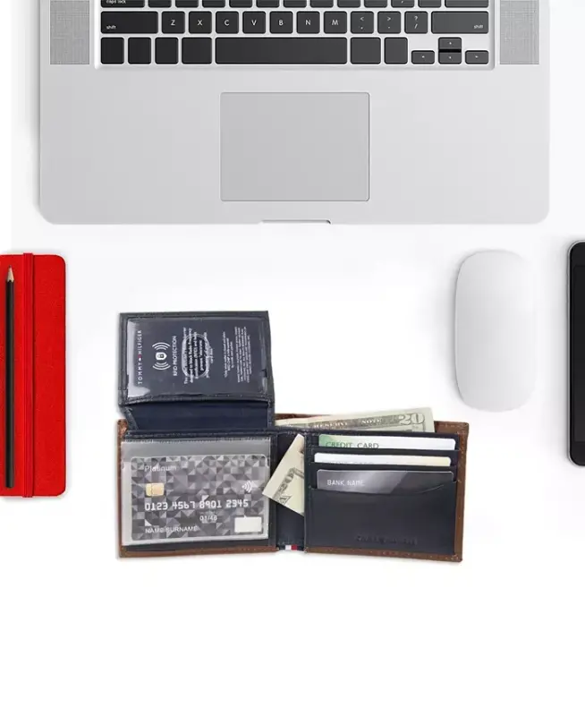 Мужской кошелек-бифолд из воловьей кожи с RFID-защитой, рыжевато-коричневый/темно-синий - 4