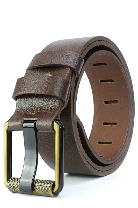 Мужской Кожаный Ремень Hakkı 4,5 см. Джинсовый Ремень Темно-синий-СВЕТЛО-КОРИЧНЕВЫЙ - 1