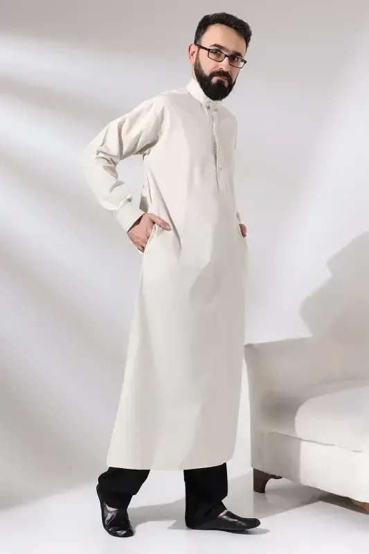 Мужской крем-чинарский костюм для хаджа и умры, длинное платье из ткани дагрон - кремовый - 5