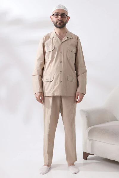Мужской льняной 4-карманный двойной костюм сафари для хаджа и умры бежевый - 4