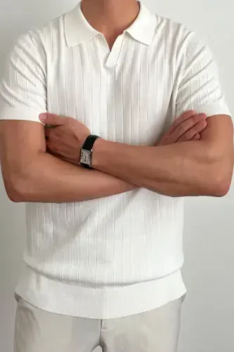 Мужской матовый белый Slim Fit рубчатый трикотажный поло воротник T-Shirt-Mat WHITE - TARZ COOL (1)