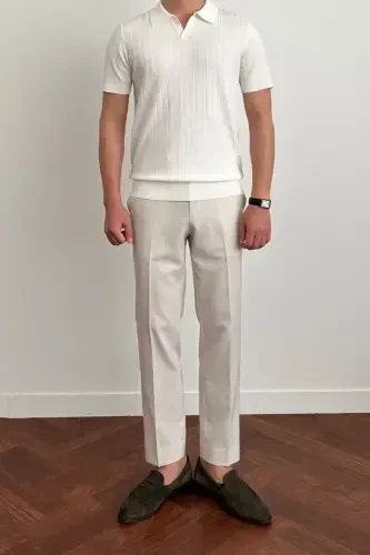 Мужской матовый белый Slim Fit рубчатый трикотажный поло воротник T-Shirt-Mat WHITE - 4