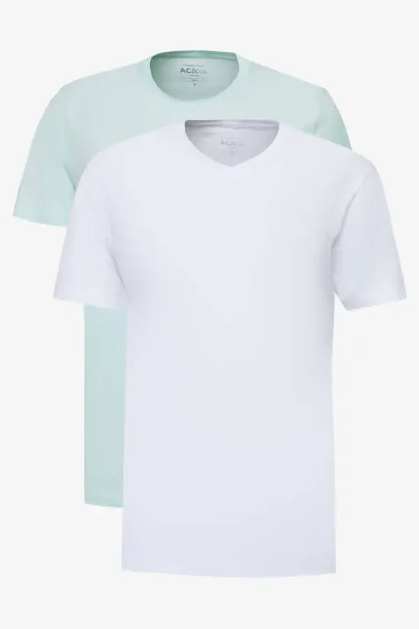 Мужской МЯТНО-БЕЛЫЙ Комплект из 2 Slim Fit Узкий Крой Хлопковая Базовая Футболка - 1