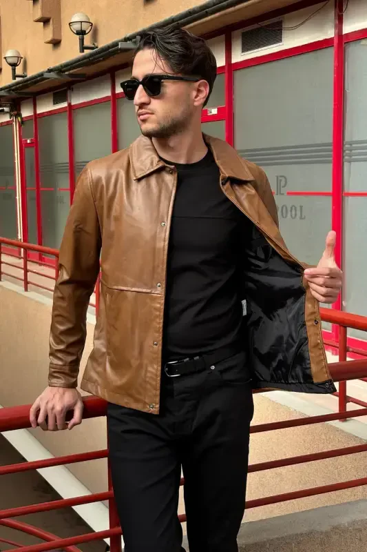 Мужской, Новый Сезон, Slim fit (узкий крой), застежка-кнопки, Искусственная Кожа, Куртка-Пиджак USEDD04-TABA - 4