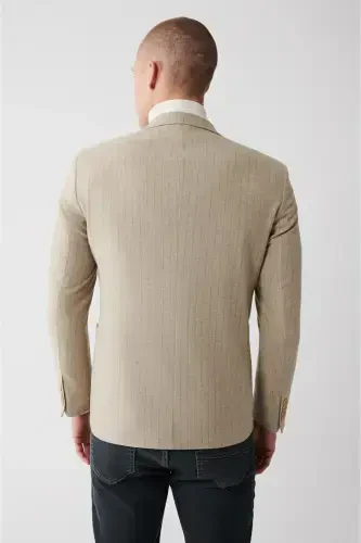 Мужской пиджак из бежевой шерсти, однобортный, на подкладке, с накладными карманами, slim fit. - 5