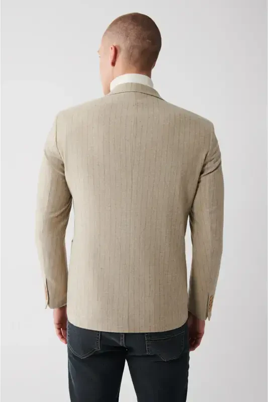 Мужской пиджак из бежевой шерсти, однобортный, на подкладке, с накладными карманами, slim fit. - 5