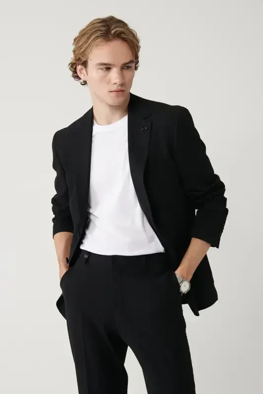 Мужской пиджак: комфортный, slim fit, черный, с моно воротником, разрезами, без подкладки, из эластичной ткани. - AVVA