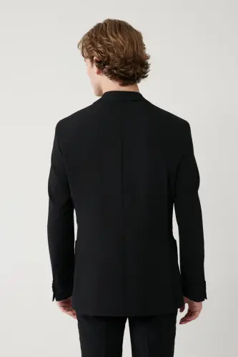 Мужской пиджак: комфортный, slim fit, черный, с моно воротником, разрезами, без подкладки, из эластичной ткани. - 4