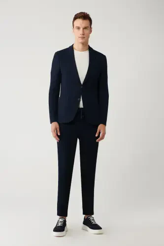 Мужской пиджак slim fit, темно-синий, однобортный, с разрезами, без подкладки, из би-стрейч ткани. - 6