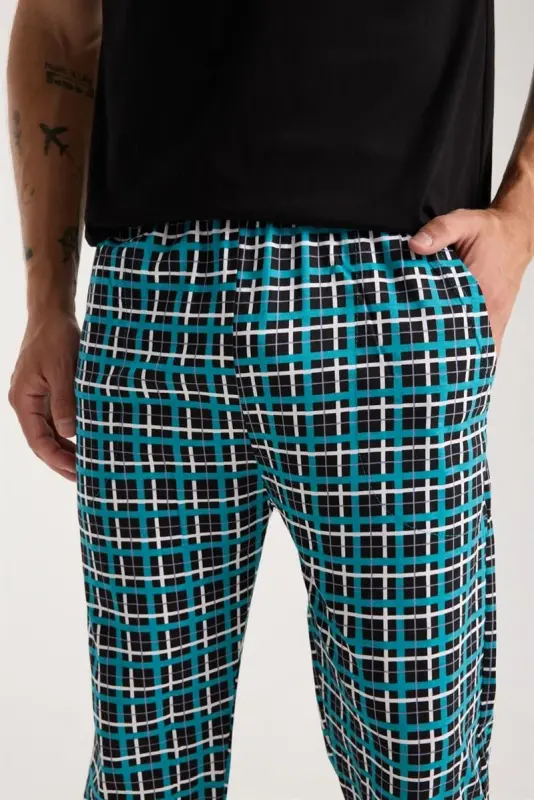 Мужской пижамный комплект Akbeniz с черной рубашкой с коротким рукавом и пуговицами. - 8