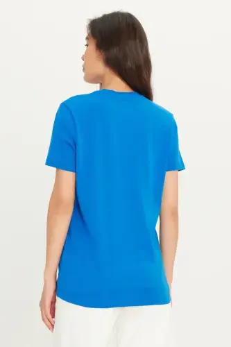 Мужской саксовый синий 100% хлопок облегающий узкий крой с круглым вырезом базовая футболка - саксовый синий - 3