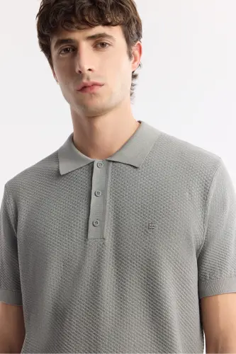 Мужской Серый Regular Fit Polo Воротник Текстурный Трикотаж Футболка B005120-Серый - 2