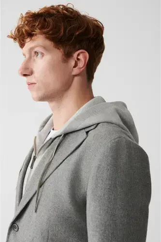 Мужской серый шерстяной пиджак, однобортный, съемный капюшон, узкий крой. - AVVA (1)