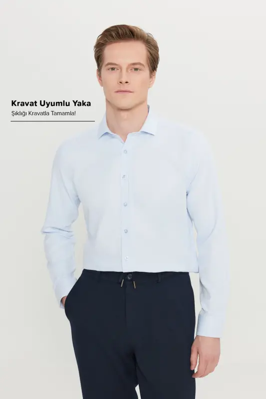 Мужской синий легко гладится Slim Fit узкий итальянский воротник текстурированная рубашка - синий - 2