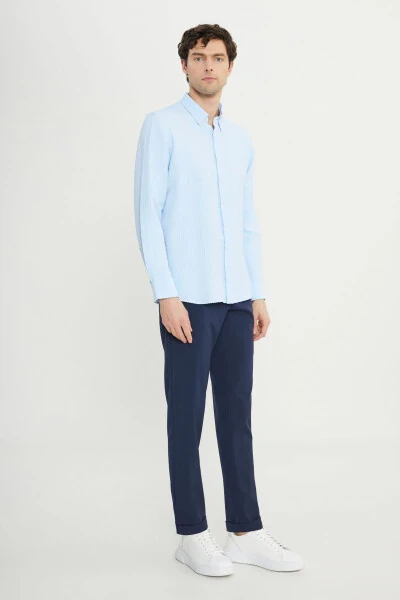 Мужской Синий Slim Fit Узкий Крой Воротник на пуговицах с текстурой - ALTINYILDIZ CLASSICS (1)