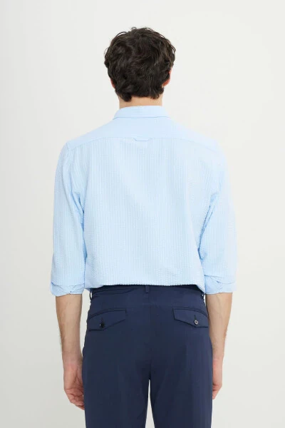 Мужской Синий Slim Fit Узкий Крой Воротник на пуговицах с текстурой - 5