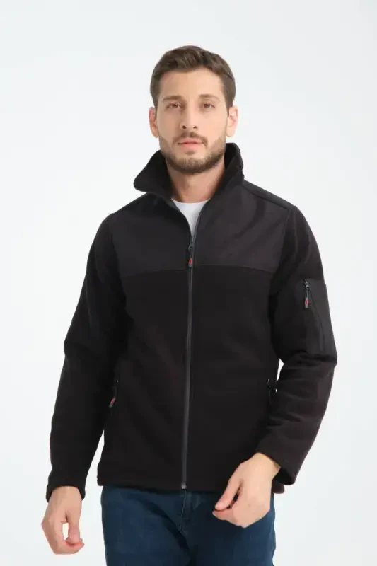 Мужской софтшелл на молнии с флисовой подкладкой и отделкой. 3 кармана, водо- и ветронепроницаемая грудь - черный - H&A İSTANBUL