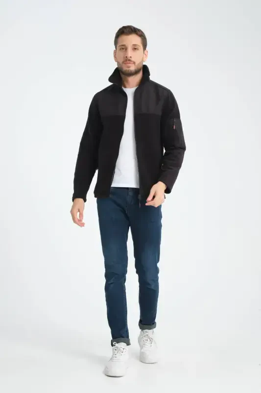 Мужской софтшелл на молнии с флисовой подкладкой и отделкой. 3 кармана, водо- и ветронепроницаемая грудь - черный - 6