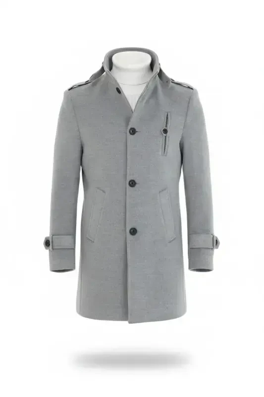 Мужской светло-серый приталенный удлиненный шерстяной бушлат с воротником-стойкой - СВЕТЛО-СЕРЫЙ - MERO LIFE