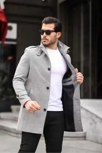 Мужской светло-серый приталенный удлиненный шерстяной бушлат с воротником-стойкой - СВЕТЛО-СЕРЫЙ - MERO LIFE (1)