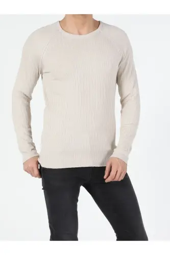 Мужской свитер бежевого цвета с круглым вырезом Slim Fit - 3