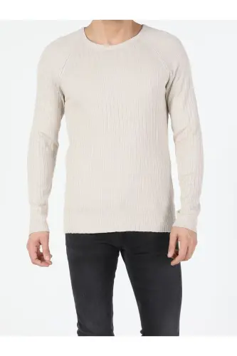 Мужской свитер бежевого цвета с круглым вырезом Slim Fit - 4