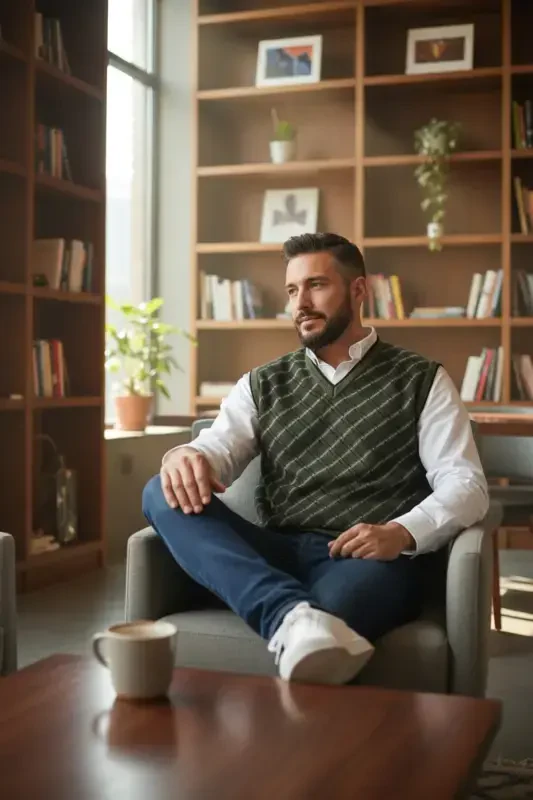 Мужской свитер из стальной пряжи в клетку зимний толстый трикотажный с V-образным вырезом трикотажный без ворса для папы Regular - 5