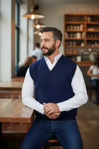 Мужской свитер из стальной вязки Interlock зимний толстый трикотаж V-образный вырез вязаный не пиллинг папа оверсайз - 1