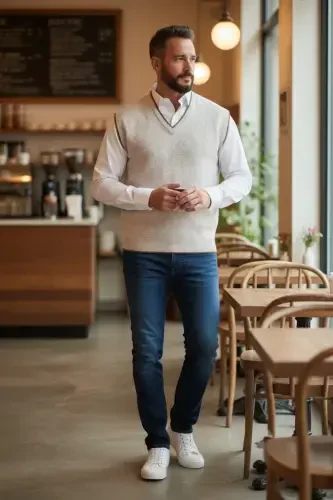 Мужской свитер из стальной вязки с интерлоком, зимний, толстый, трикотажный, с V-образным вырезом, не пиллинг, папин свитер, оверсайз - 1