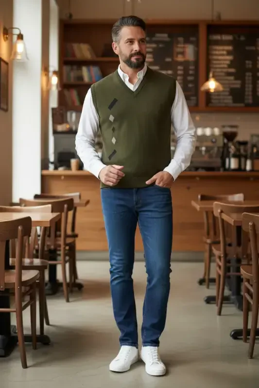 Мужской свитер из стальной вязки зимний толстый трикотажный с V-образным вырезом вязаный не пилингующий отец - 4