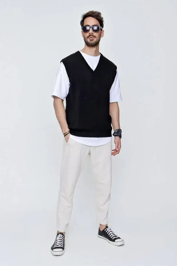 Мужской свитер из хлопковой трикотажной ткани с V-образным вырезом свободного кроя Черный 22sm214 - 2