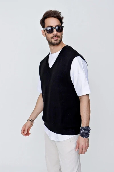 Мужской свитер из хлопковой трикотажной ткани с V-образным вырезом свободного кроя Черный 22sm214 - 3