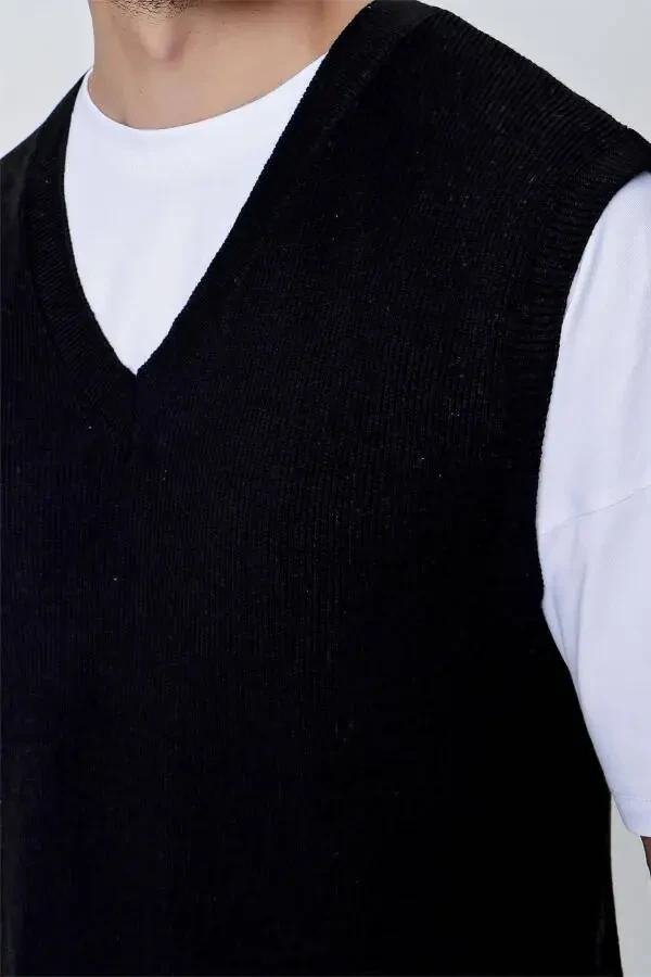 Мужской свитер из хлопковой трикотажной ткани с V-образным вырезом свободного кроя Черный 22sm214 - 4