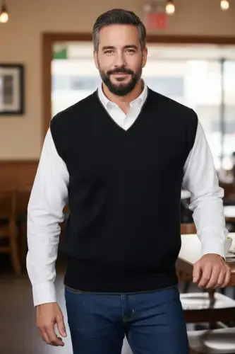 Мужской свитер оверсайз из толстой трикотажной ткани с V-образным вырезом, интерлок, стальной вязкой, зимний, не пилингующийся, для отца - 1