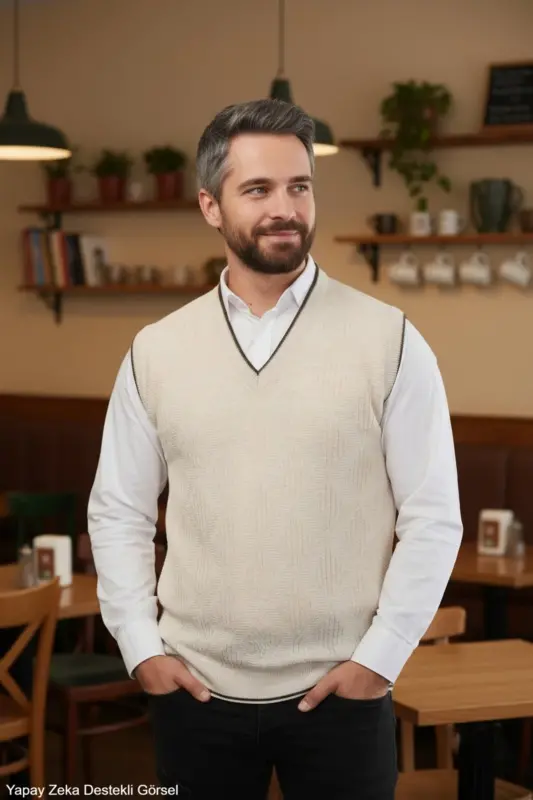 Мужской свитер с V-образным вырезом, трикотажный, без катышков, регулярной посадки, с узором в виде косы из льна - KAMALI