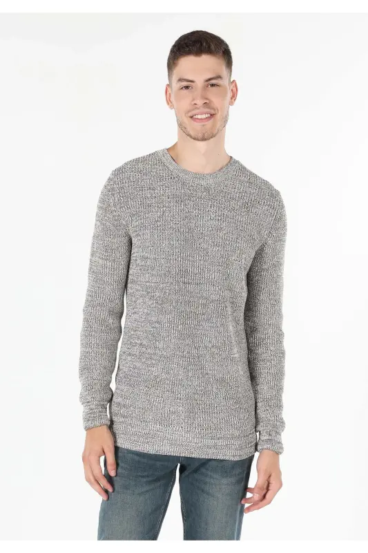 Мужской свитер Slim Fit с круглым вырезом, облегающий, бежевый (Cl1059927) - 4