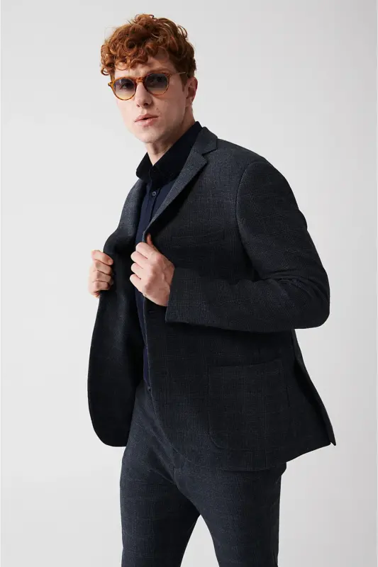 Мужской темно-синий пиджак, Slim Fit, эластичный на 360 градусов. - AVVA