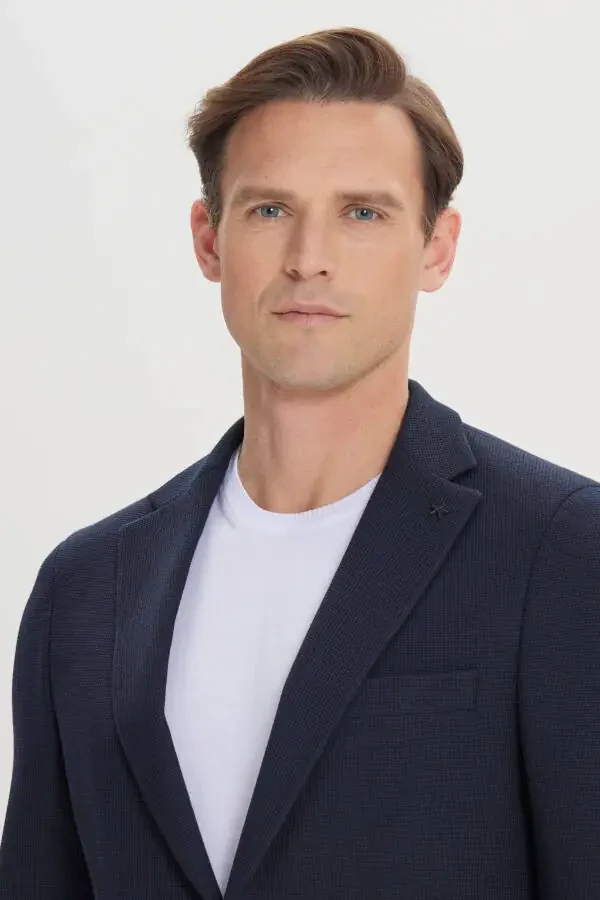 Мужской темно-синий пиджак Slim Fit, тянущийся в 4 стороны, с узкими лацканами. - 4