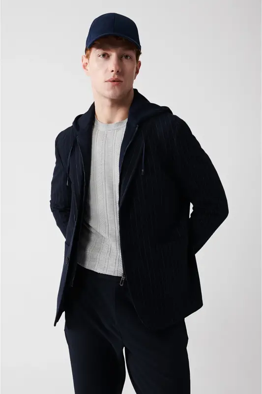 Мужской темно-синий пиджак, стойка, съемный капюшон, Slim Fit, A32y4019 - AVVA