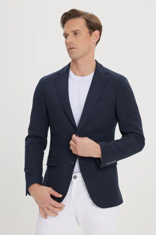 Мужской темно-синий приталенный блейзер Slim Fit с воротником-стойкой, тянущийся во всех направлениях на 360 градусов — темно-синий - ALTINYILDIZ CLASSICS