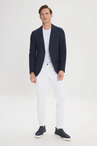 Мужской темно-синий приталенный блейзер Slim Fit с воротником-стойкой, тянущийся во всех направлениях на 360 градусов — темно-синий - ALTINYILDIZ CLASSICS (1)