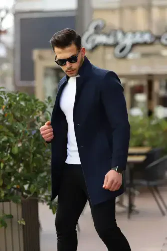 Мужской темно-синий приталенный двубортный кашемировый плащ - 3