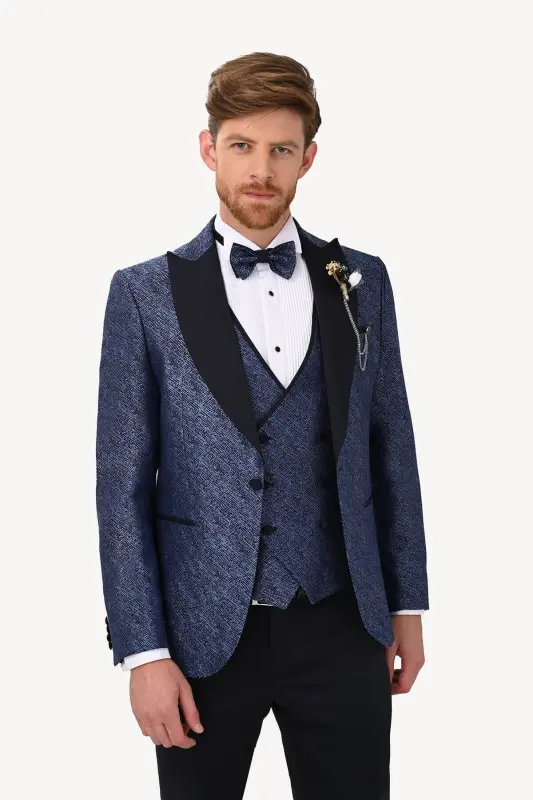 Мужской темно-синий смокинг с ласточкиным воротником Slim Fit - 2