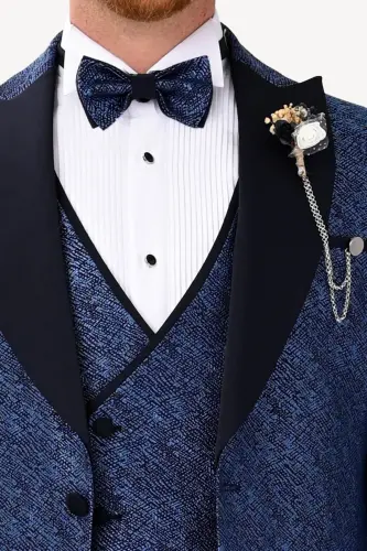Мужской темно-синий смокинг с ласточкиным воротником Slim Fit - 4
