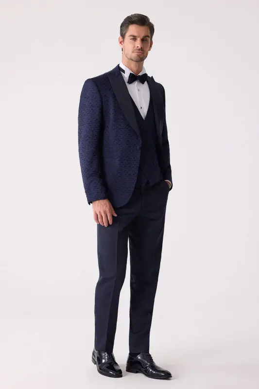 Мужской темно-синий смокинг Slim Fit с ласточкиным воротником и рисунком - 4