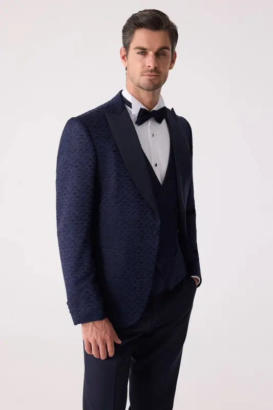 Мужской темно-синий смокинг Slim Fit с ласточкиным воротником и рисунком - 6