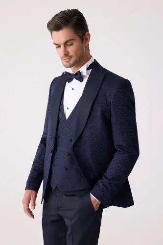 Мужской темно-синий смокинг Slim Fit с ласточкиным воротником и рисунком - 7